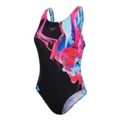 Speedo ColourFlood Placement Digital Powerback Damen Badeanzug Schwarz/rosa/blau