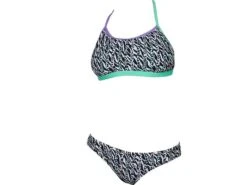 Speedo ElectricStripe Allover Schwimmbikini Tie-Back Crop Top + Hipster Brief - 34 Black/white