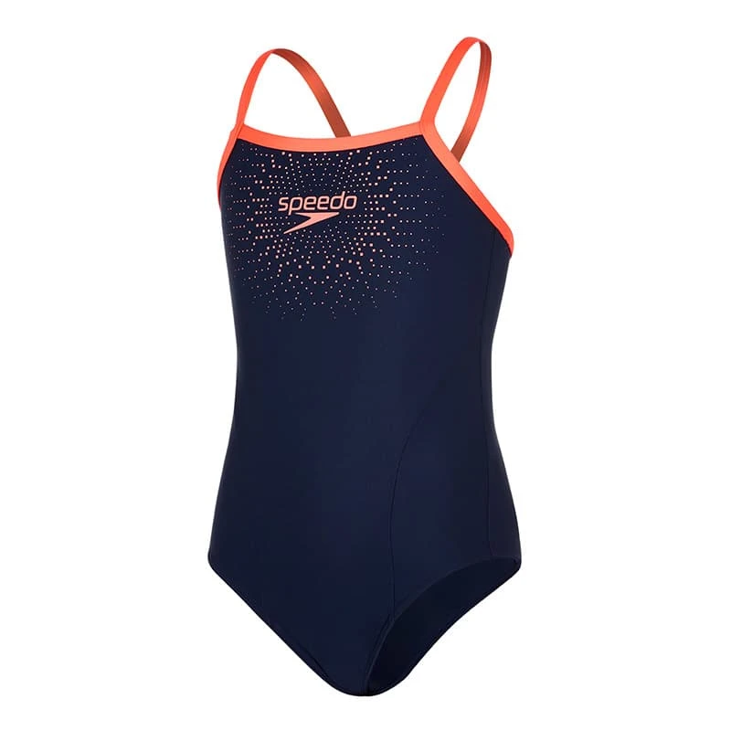 Bademode Speedo Gala Logo Thinstrap Muscleback Blaues Korallenmädchen 3 Bademode Speedo Gala Logo Thinstrap Muscleback Blaues Korallenmädchen