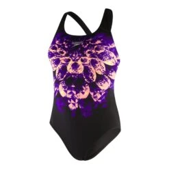 Wettkampf-Badeanzug Speedo RefractHaze Placement Powerback Schwarz/lila/orange Damen