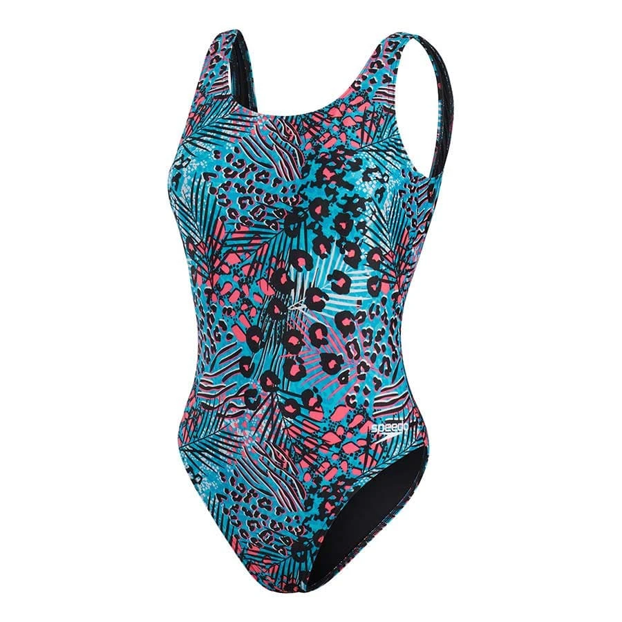Speedo Allover Deep U-Back Damen Badeanzug Schwarz/blau/rosa 3 Speedo Allover Deep U-Back Damen Badeanzug Schwarz/blau/rosa
