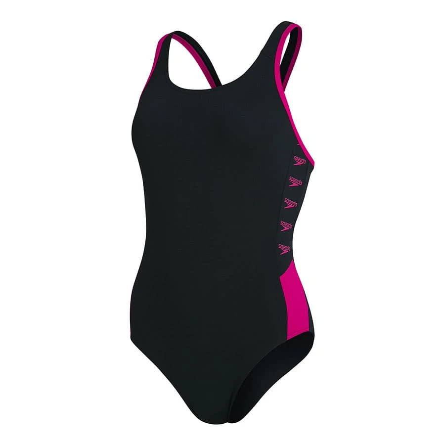 Speedo Boom Logo Splice Muscleback Damen Badeanzug Schwarz/rosa 3 Speedo Boom Logo Splice Muscleback Damen Badeanzug Schwarz/rosa